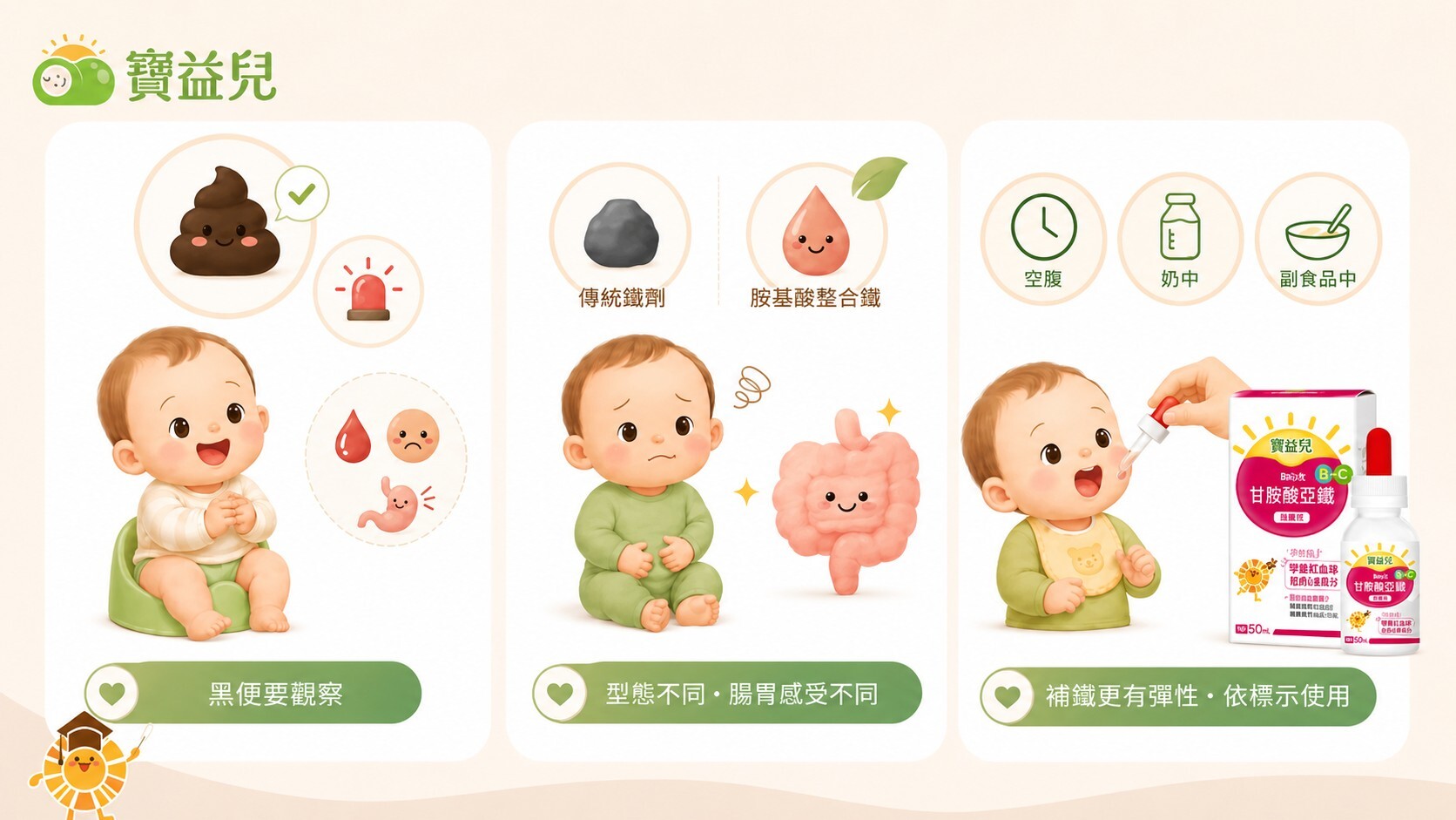 補充鐵，應依產品標示使用，並觀察寶寶排便與精神狀態。