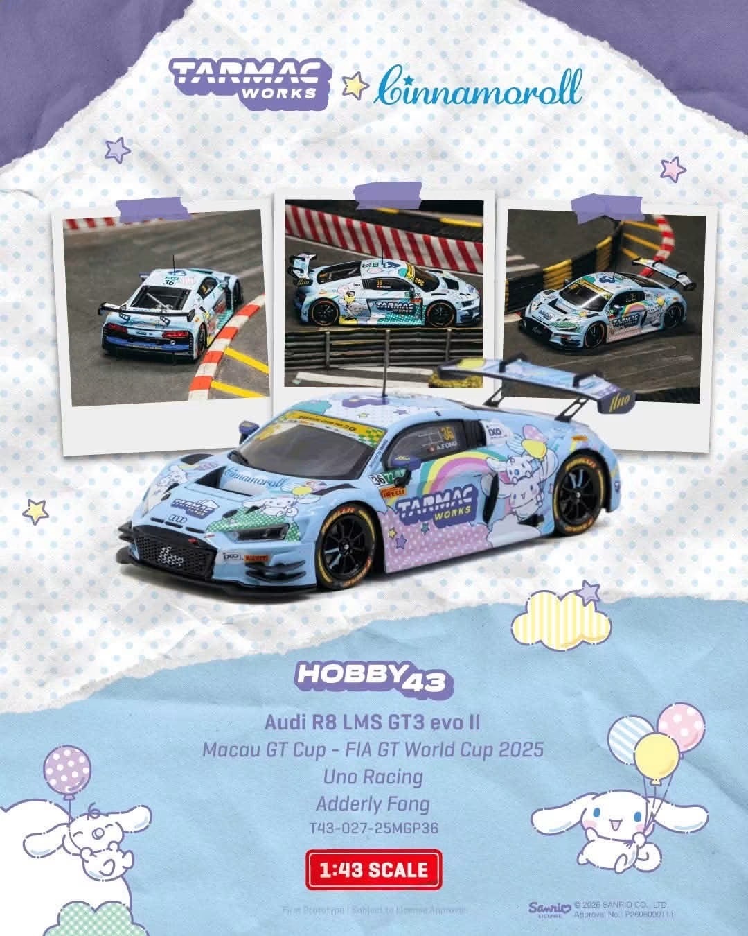 預訂PreOrder- Tarmac Works 1/43 Audi R8 LMS GT3 evo II Macau GT Cup - FIA GT World Cup 2025 Uno Racing Adderly Fong