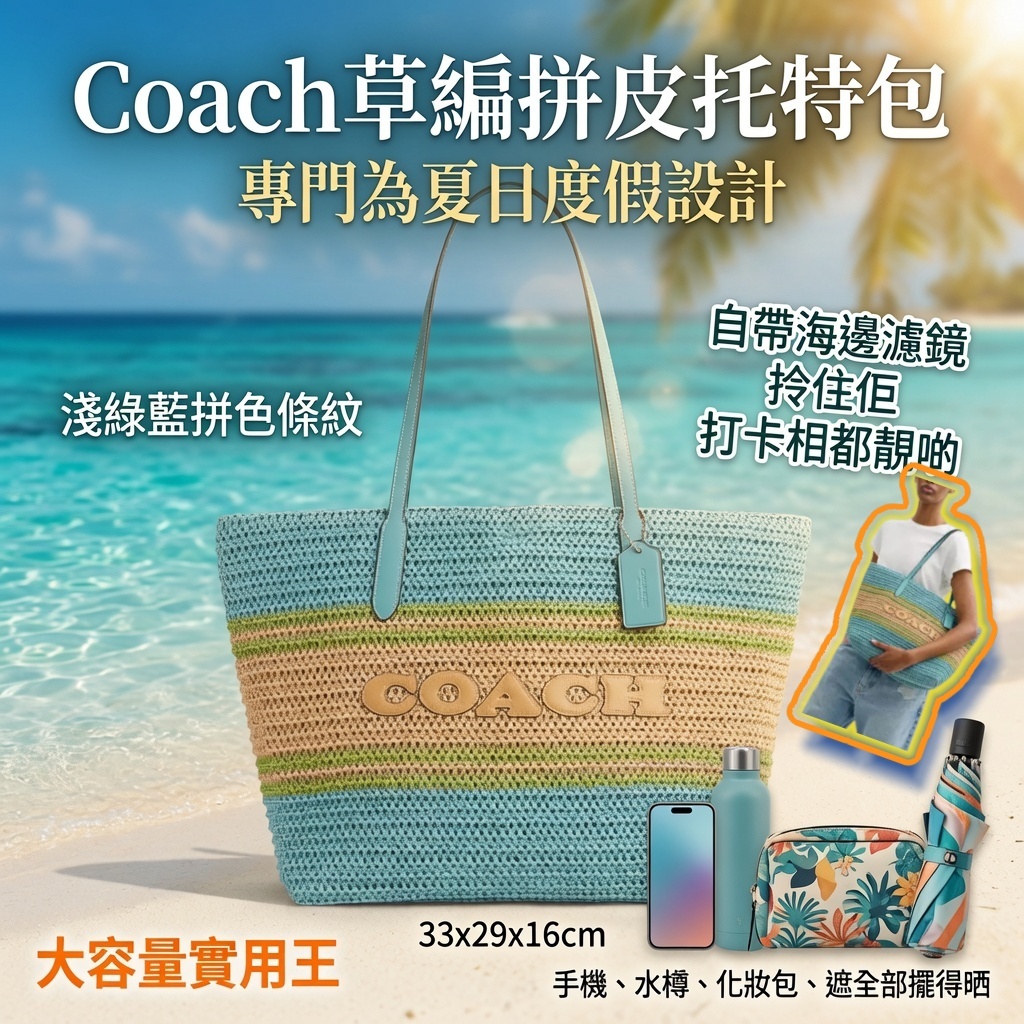 Coach草編拼皮托特包