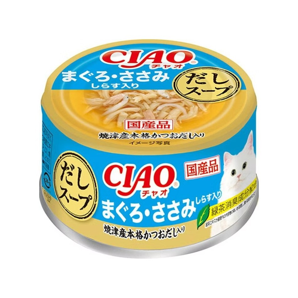 CIAO 罐頭 燒津產高湯 雞肉+吞拿魚+白飯魚 75g,A-234【原箱24罐】