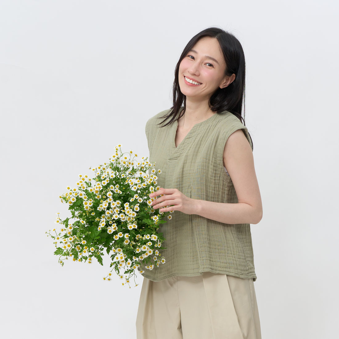Fran三層紗V領摺子無袖上衣/抹茶綠