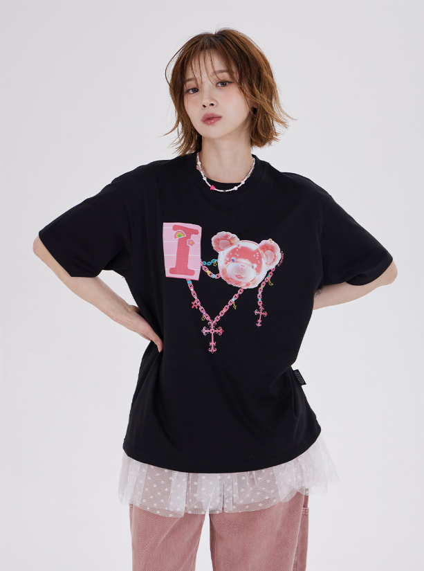 韓國代購 棒棒糖 男女同款  I LOVE COTTON BEAR T-SHIRT DY01
