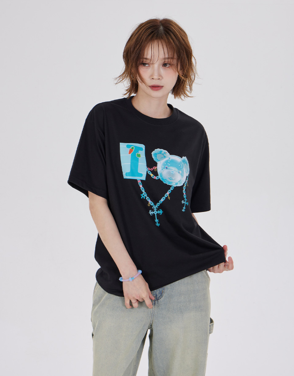 韓國代購 棒棒糖 男女同款 I LOVE COTTON BEAR T-SHIRT DY01（短款）