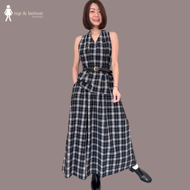ELASTIC WAISTED CHECKED MIDI SKIRT WITH POCKET
