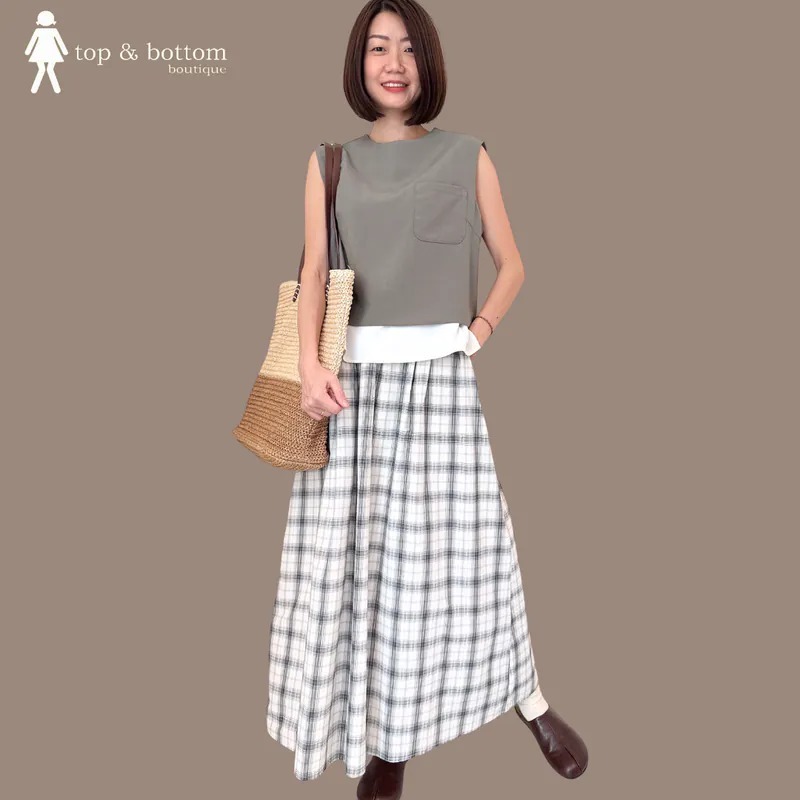 ELASTIC WAISTED CHECKED MIDI SKIRT WITH POCKET