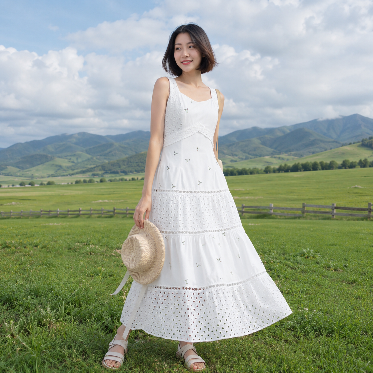 STRAP COTTON LACE EMBROIDERED LONG DRESS