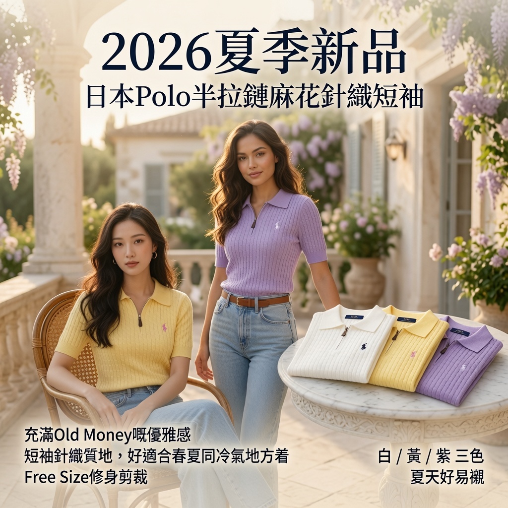 日本Polo半拉鏈麻花針織短袖
