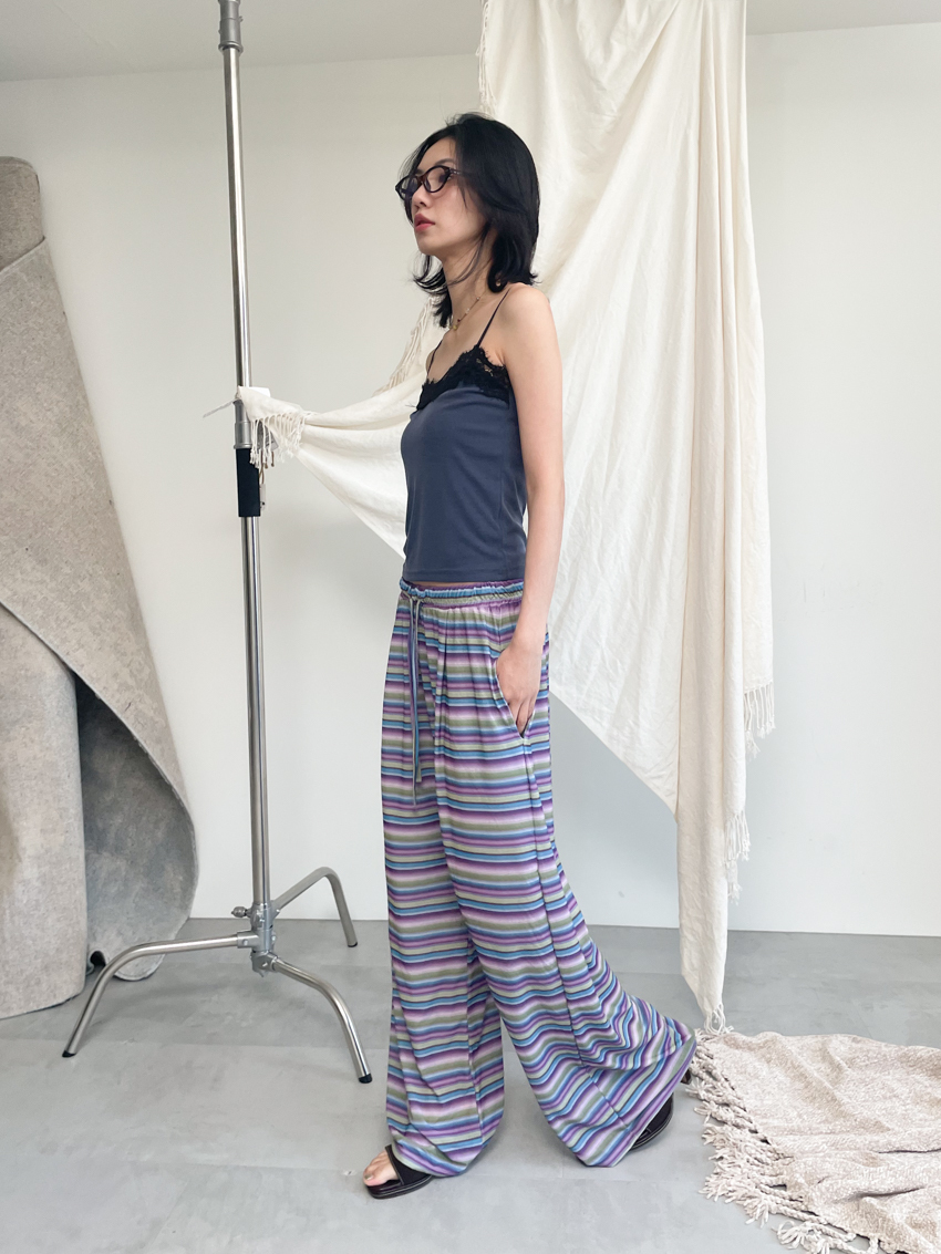 contrast stripe cooling wide trousers with elastic waist in PURPLE