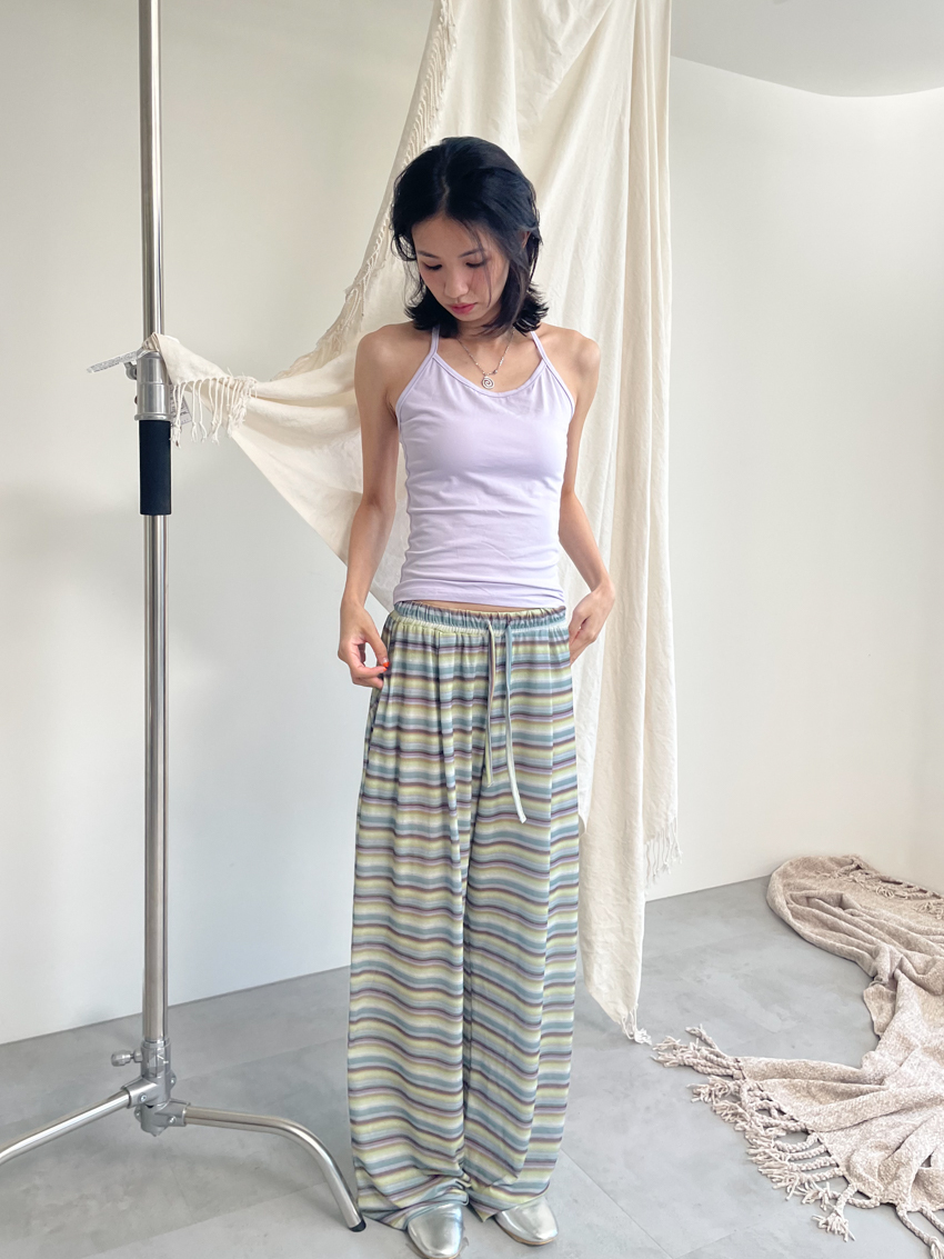 contrast stripe cooling wide trousers with elastic waist in GREEN