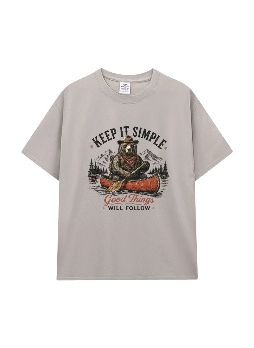 熊熊獨木舟印花棉T★Keep It Simple 美式戶外・純棉寬鬆短袖T恤。