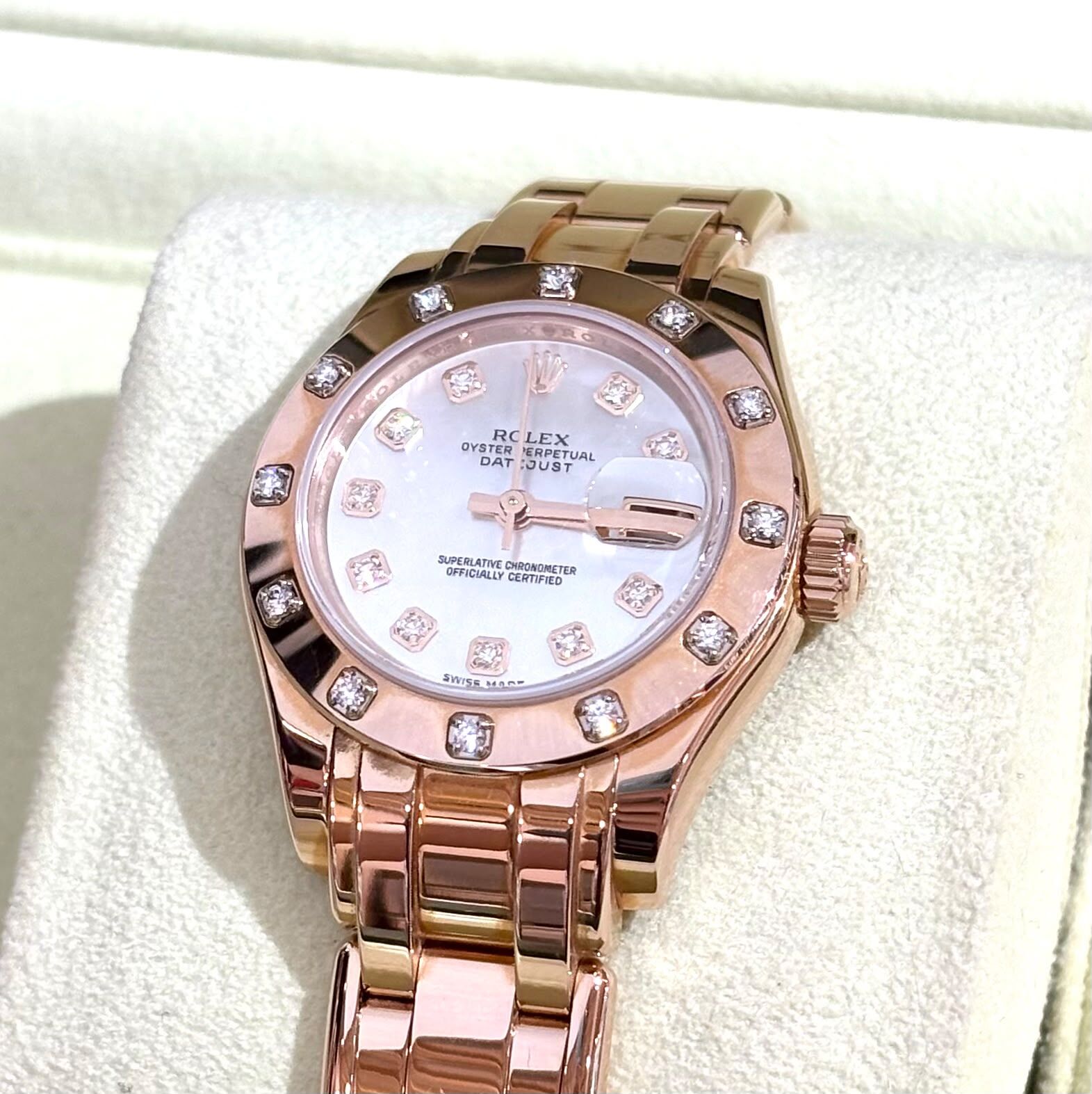 99%NEW二手ROLEX OYSTER PERPETUAL 80315 29MM 18K玫瑰金白貝母面鑽石字 #香榭站正品