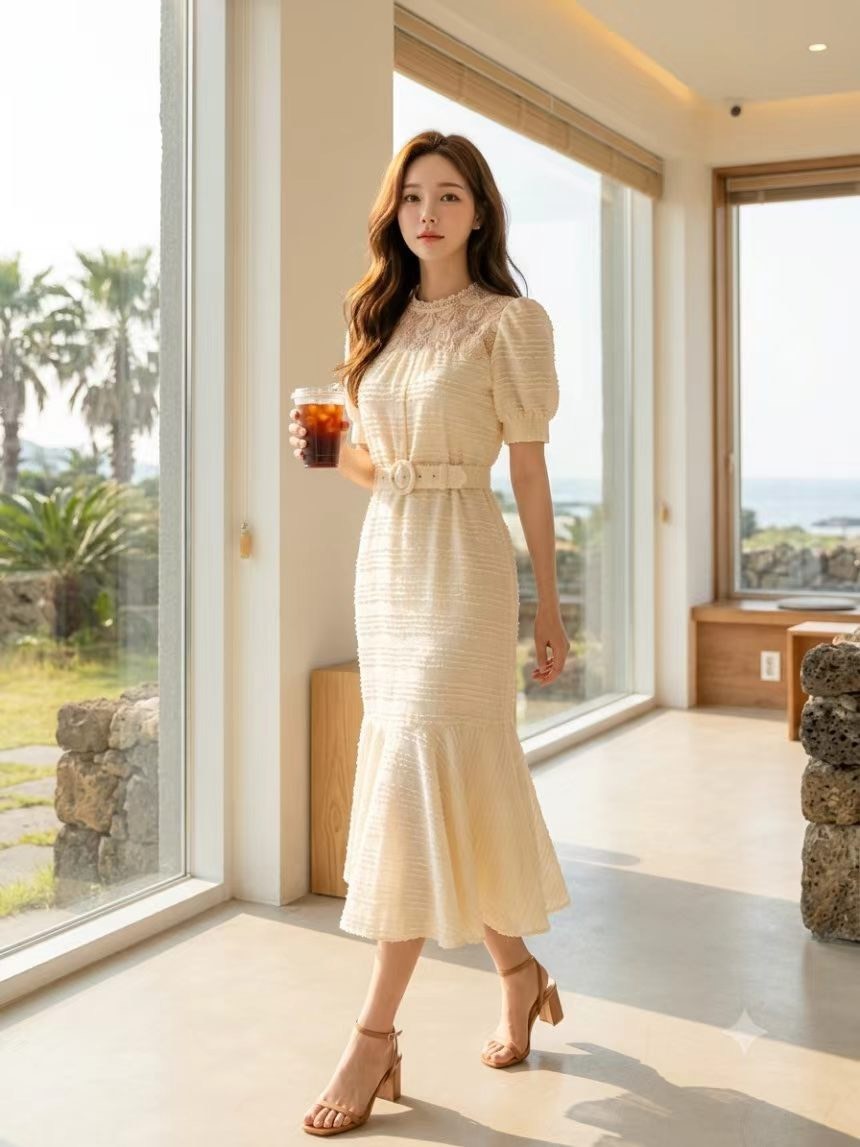 花朵杏白透膚領長洋裝