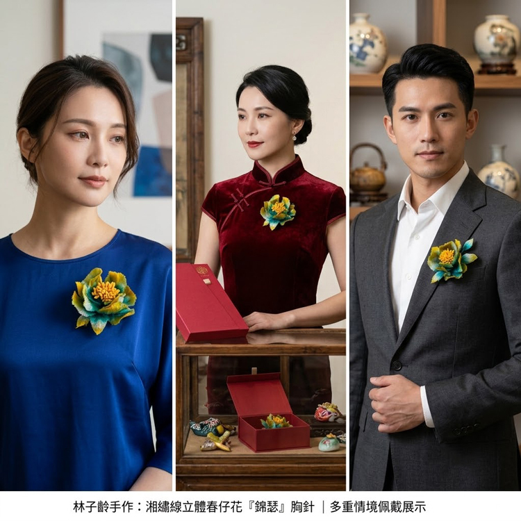 林子齡手工製作春仔花《錦瑟》胸針，採用湘繡線纏繞工藝，展現臺灣傳統春仔花文化之美。
