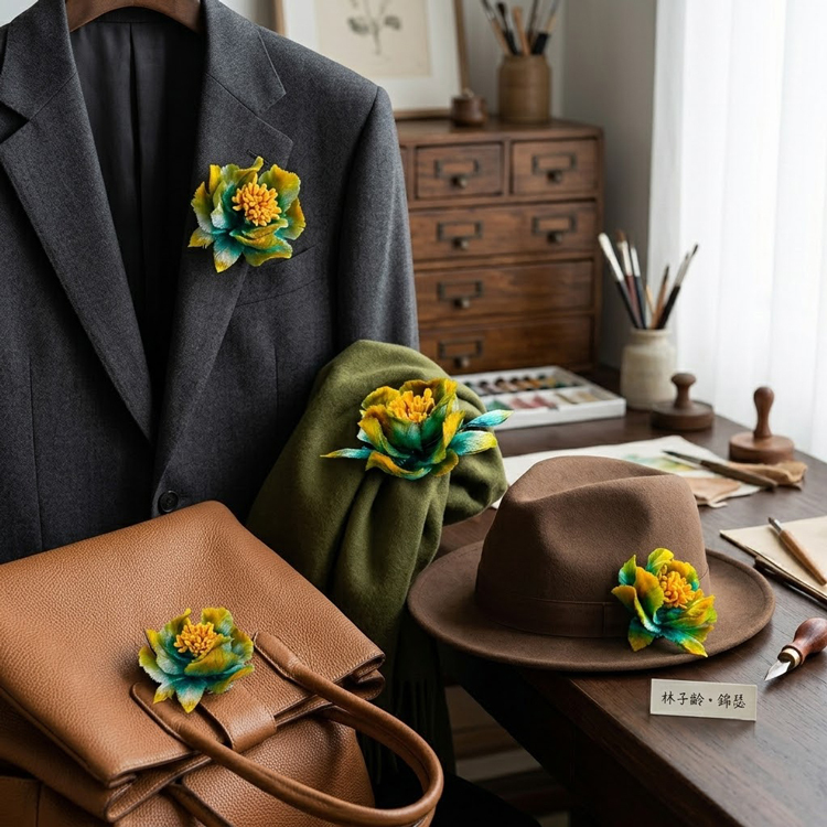 林子齡手工製作春仔花《錦瑟》胸針，採用湘繡線纏繞工藝，展現臺灣傳統春仔花文化之美。