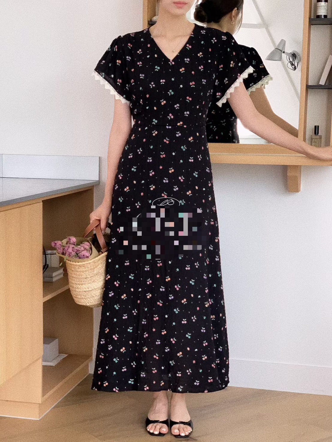 小彩花綁腰短袖長洋裝