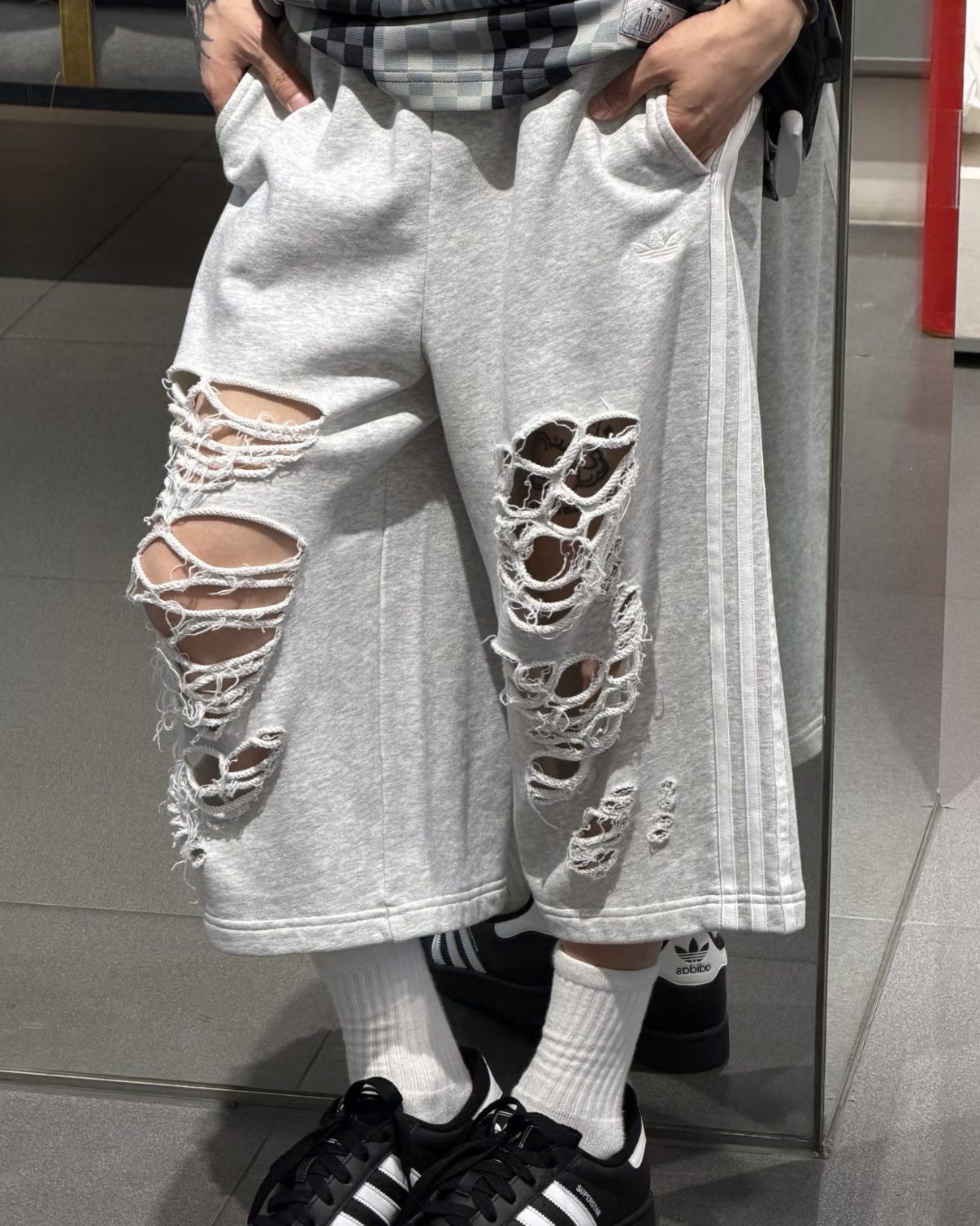 ADIDAS ORIGINALS KNIT JORTS 灰色 七分褲 寬鬆 破褲 破壞風
