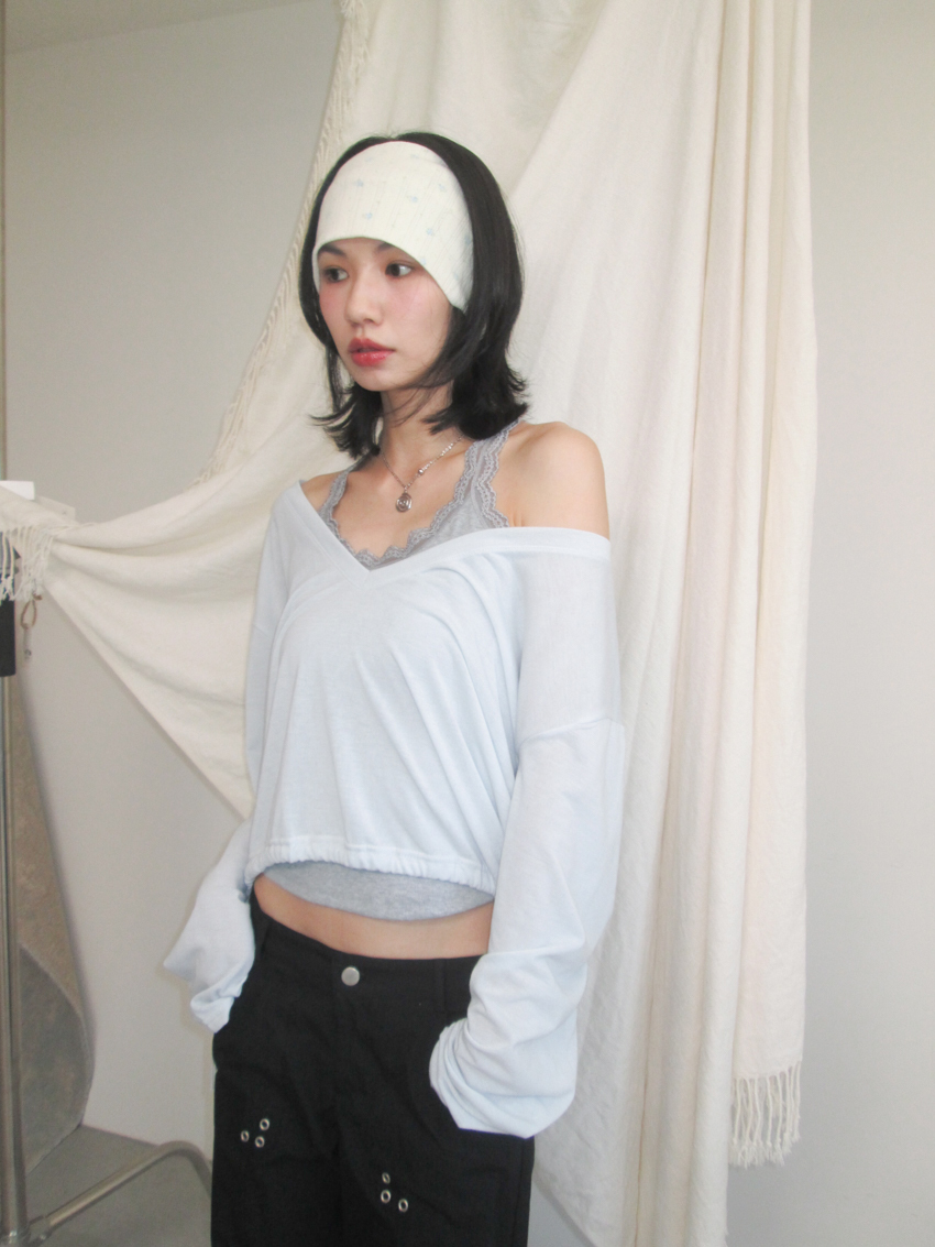 soft cotton V-neck sheer drawstring top