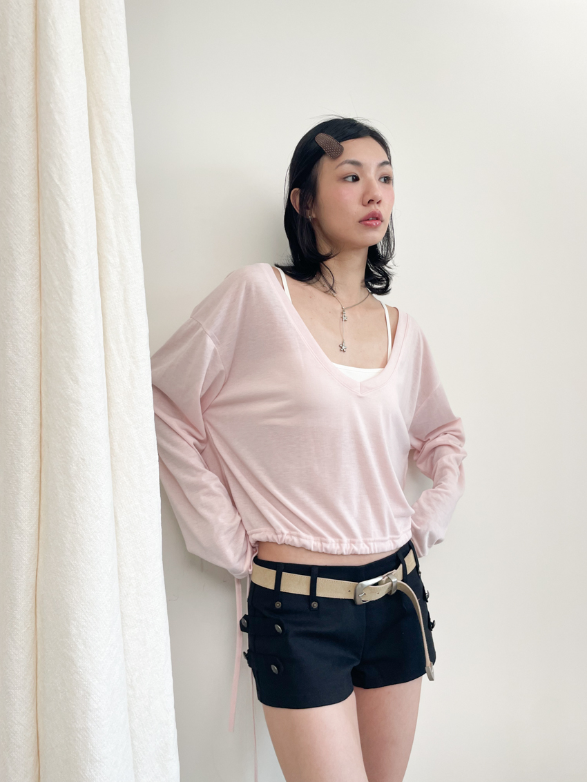 soft cotton V-neck sheer drawstring top
