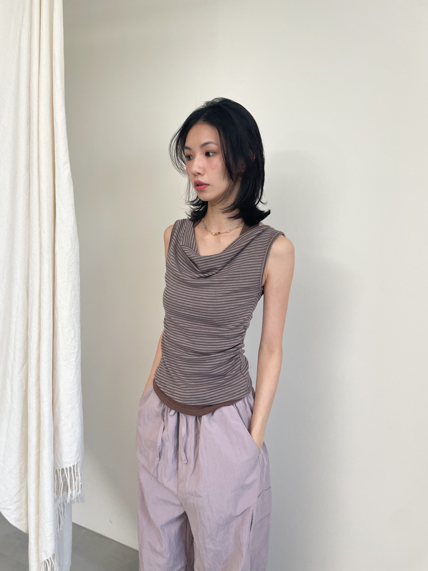 #T646 假兩件條紋抽皺墜領上衣