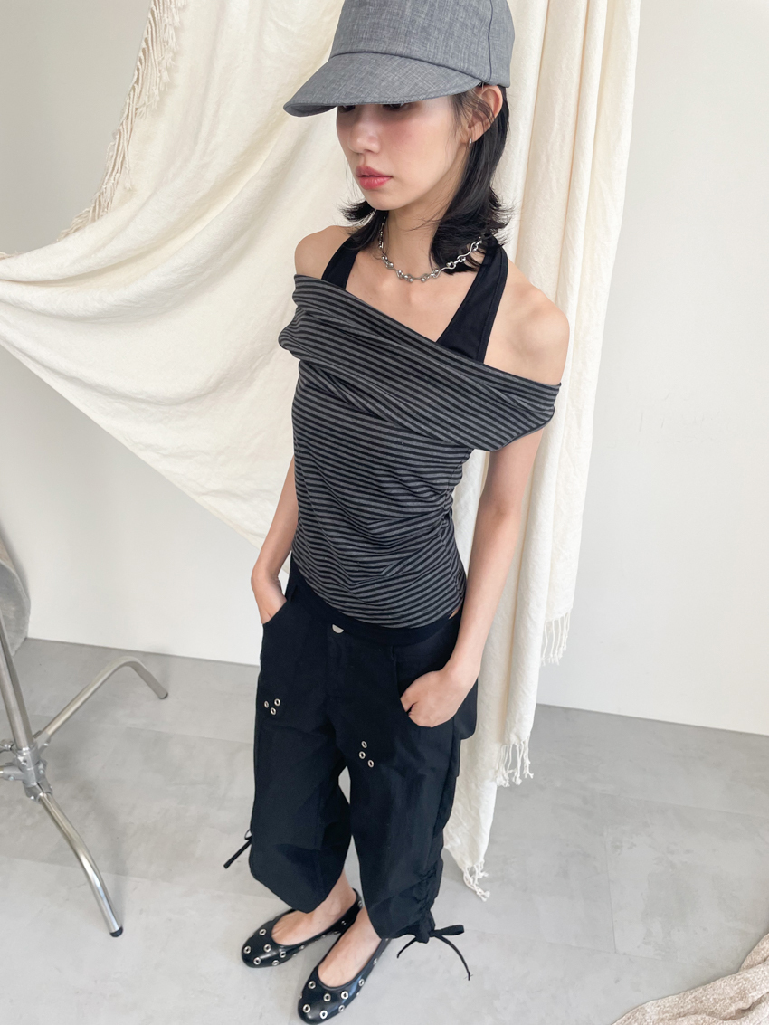 #T646 假兩件條紋抽皺墜領上衣