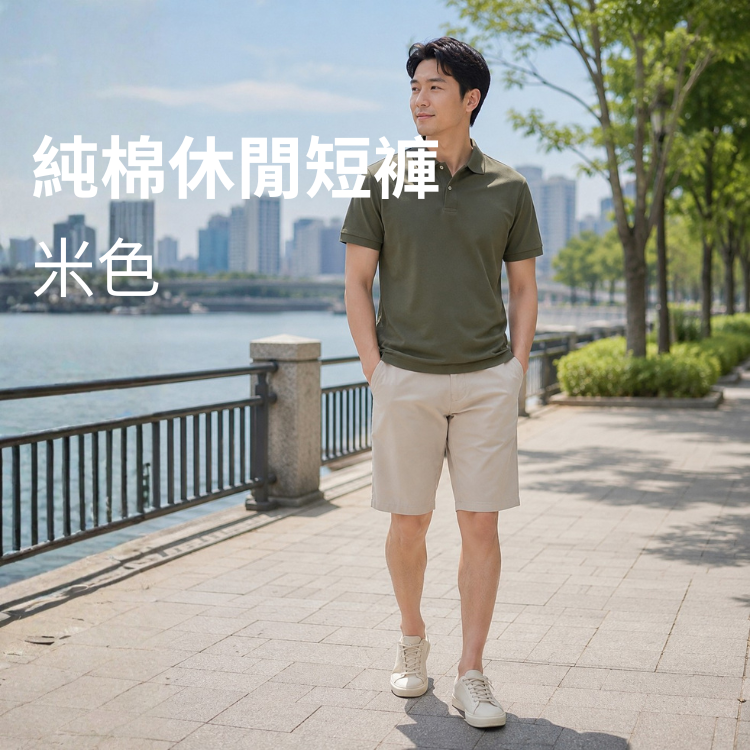 甄褲｜純棉五分休閒褲｜中高腰直筒・100%棉・米色／綠色（30~41 吋）