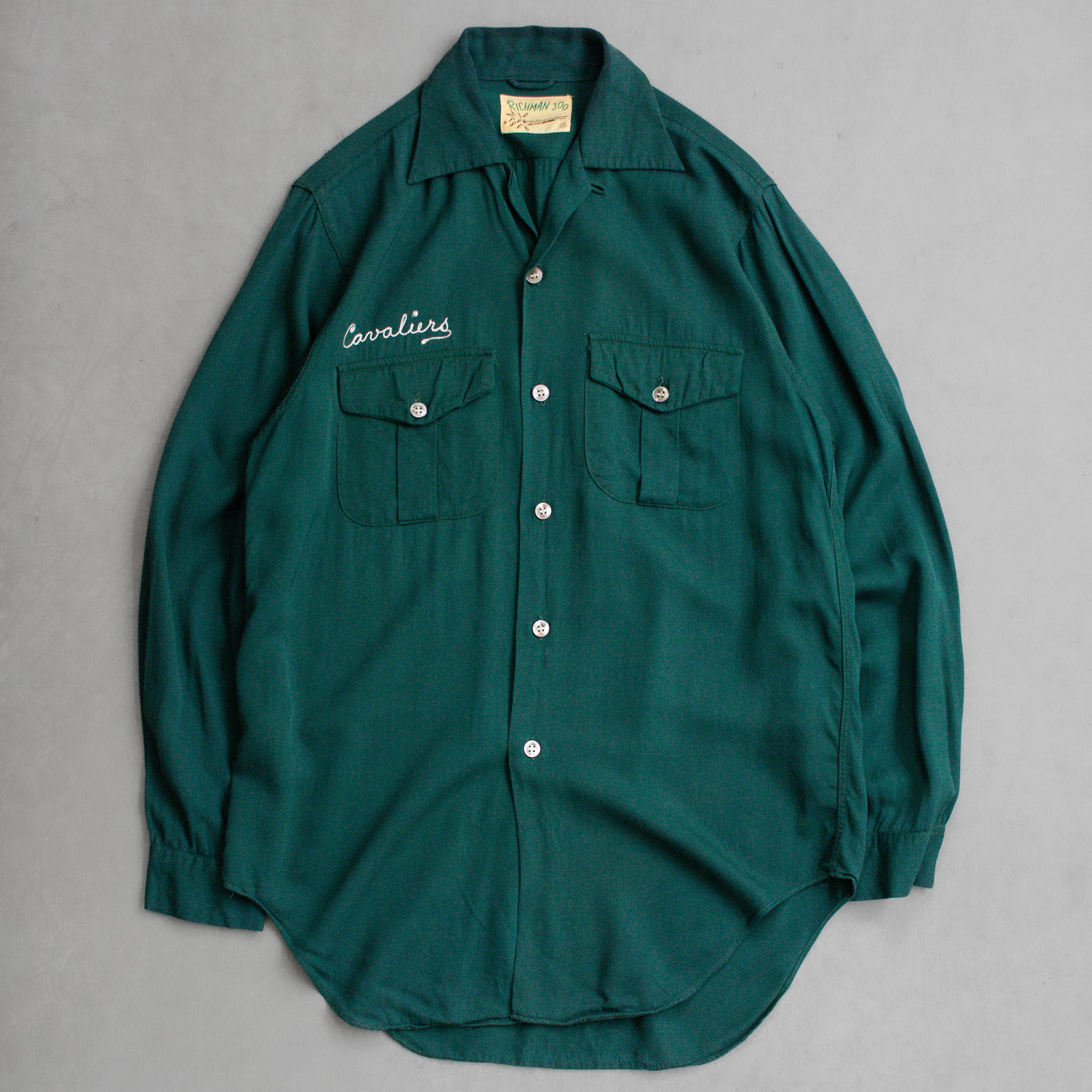 50-60S VINTAGE RAYON OPEN SHIRT 美國 綠色 開領 保齡球 嫘縈 長袖 襯衫
