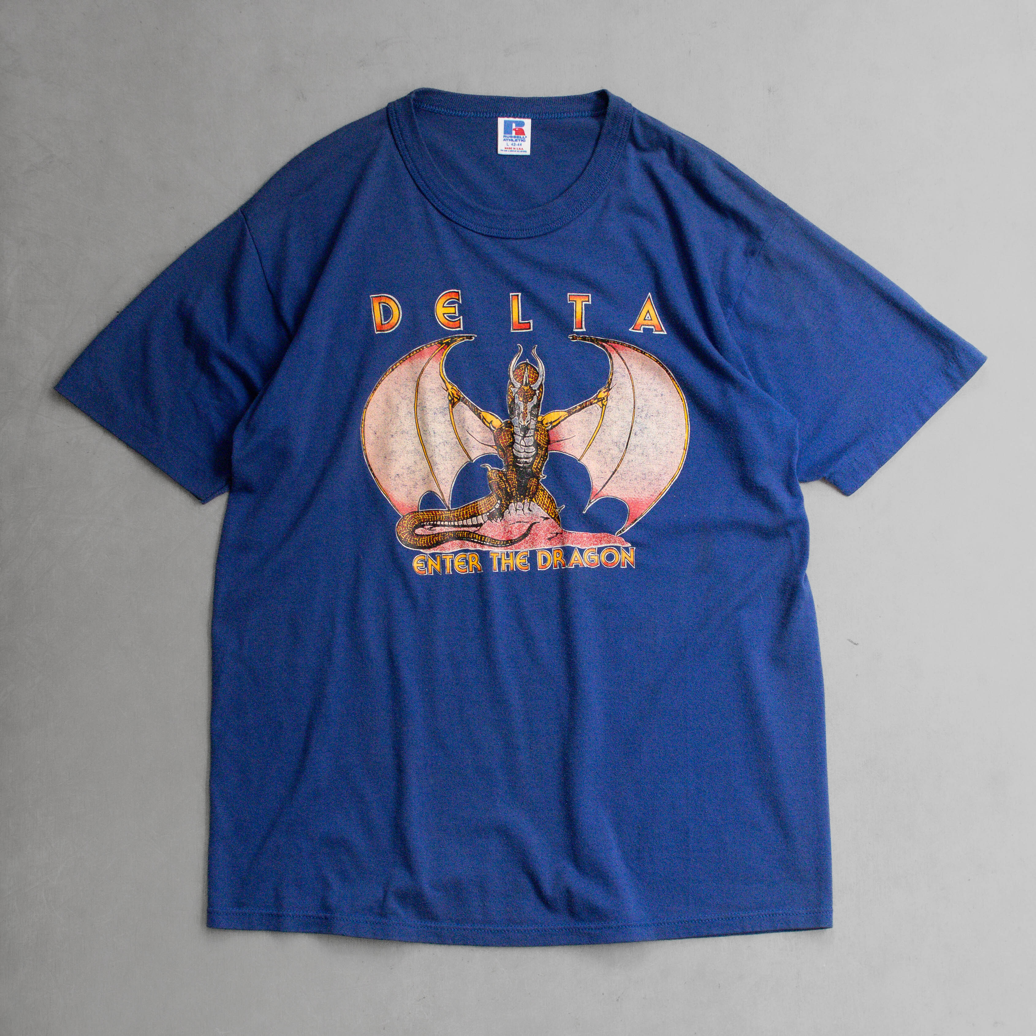 80S RUSSELL DRAGON TEE 美國製 藍色 龍 圖案 短袖 T恤