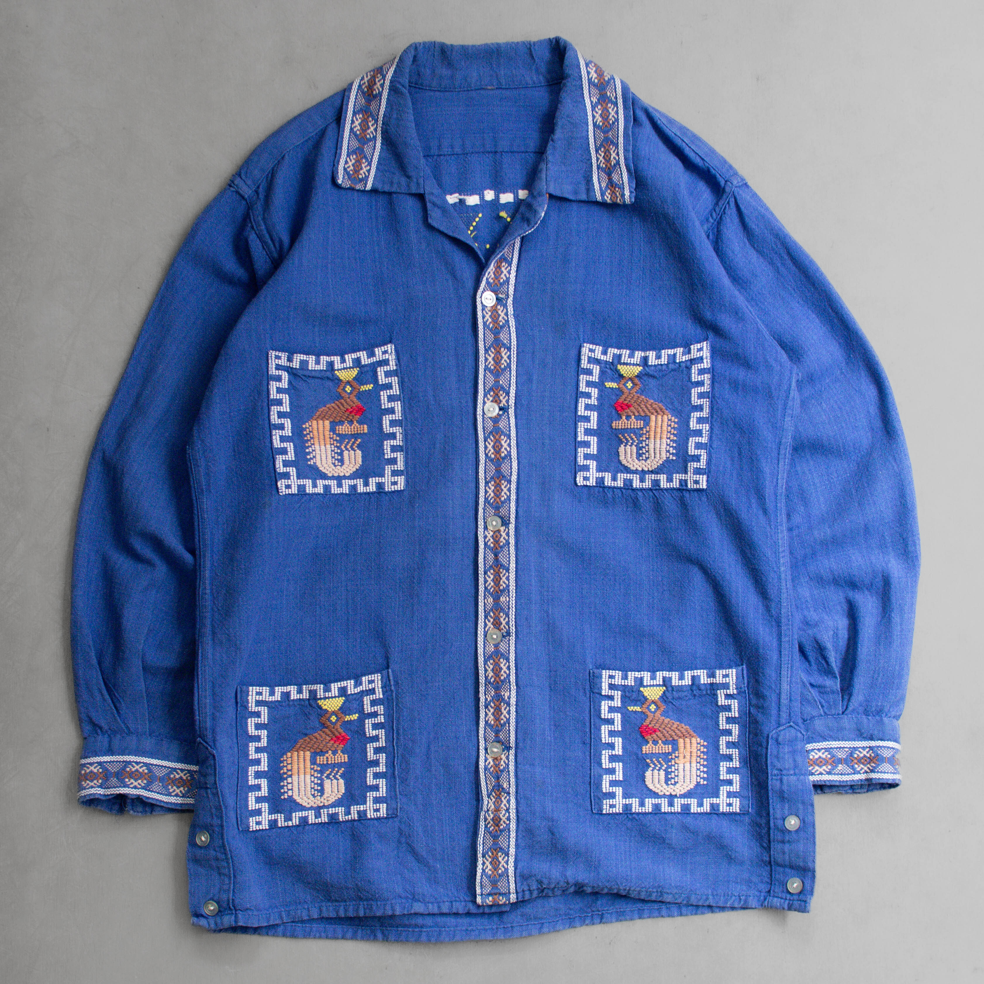 70S GUATEMALAN QUETZAL SHIRT 瓜地馬拉 刺繡 手繡 藍色 長袖 襯衫