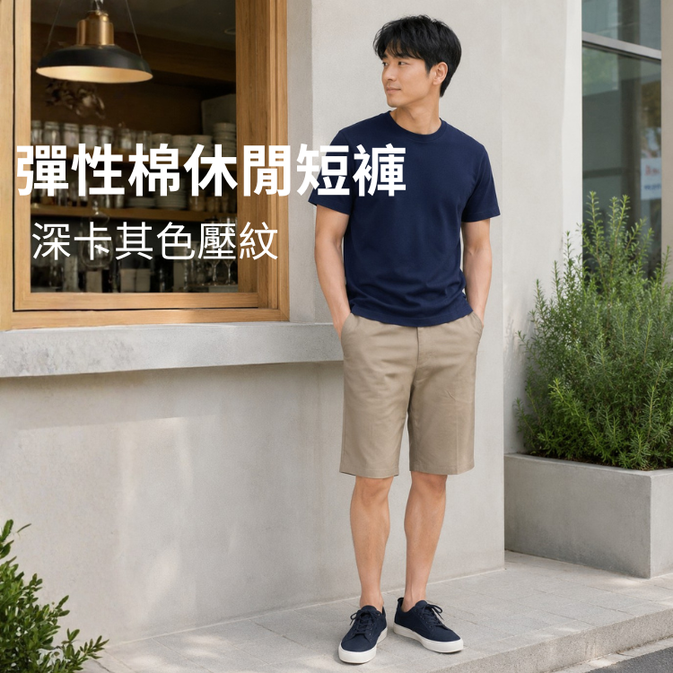 甄褲｜純棉休閒短褲｜中高腰直筒・深卡其色壓紋（32~41 吋）
