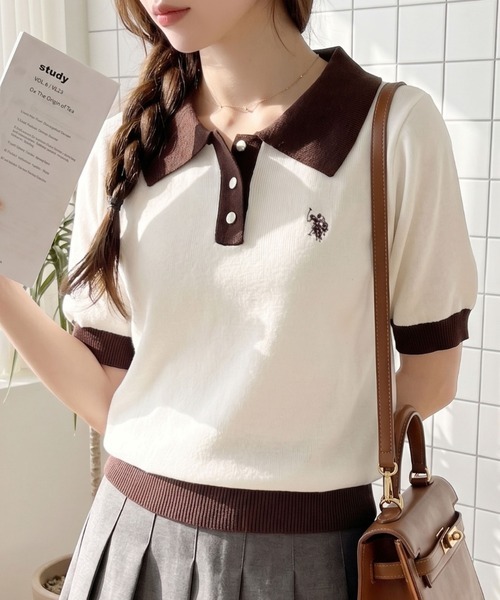 日本🇯🇵連線 U.S. POLO ASSN. x Ada. 撞色立領刺繡針織Polo衫 刺繡 短袖 簡約 針織 Polo衫 休閒 5色(任買兩件711免運)/預購