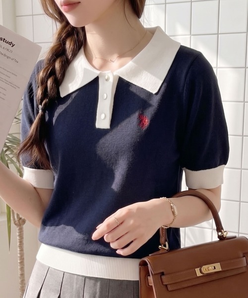 日本🇯🇵連線 U.S. POLO ASSN. x Ada. 撞色立領刺繡針織Polo衫 刺繡 短袖 簡約 針織 Polo衫 休閒 5色(任買兩件711免運)/預購