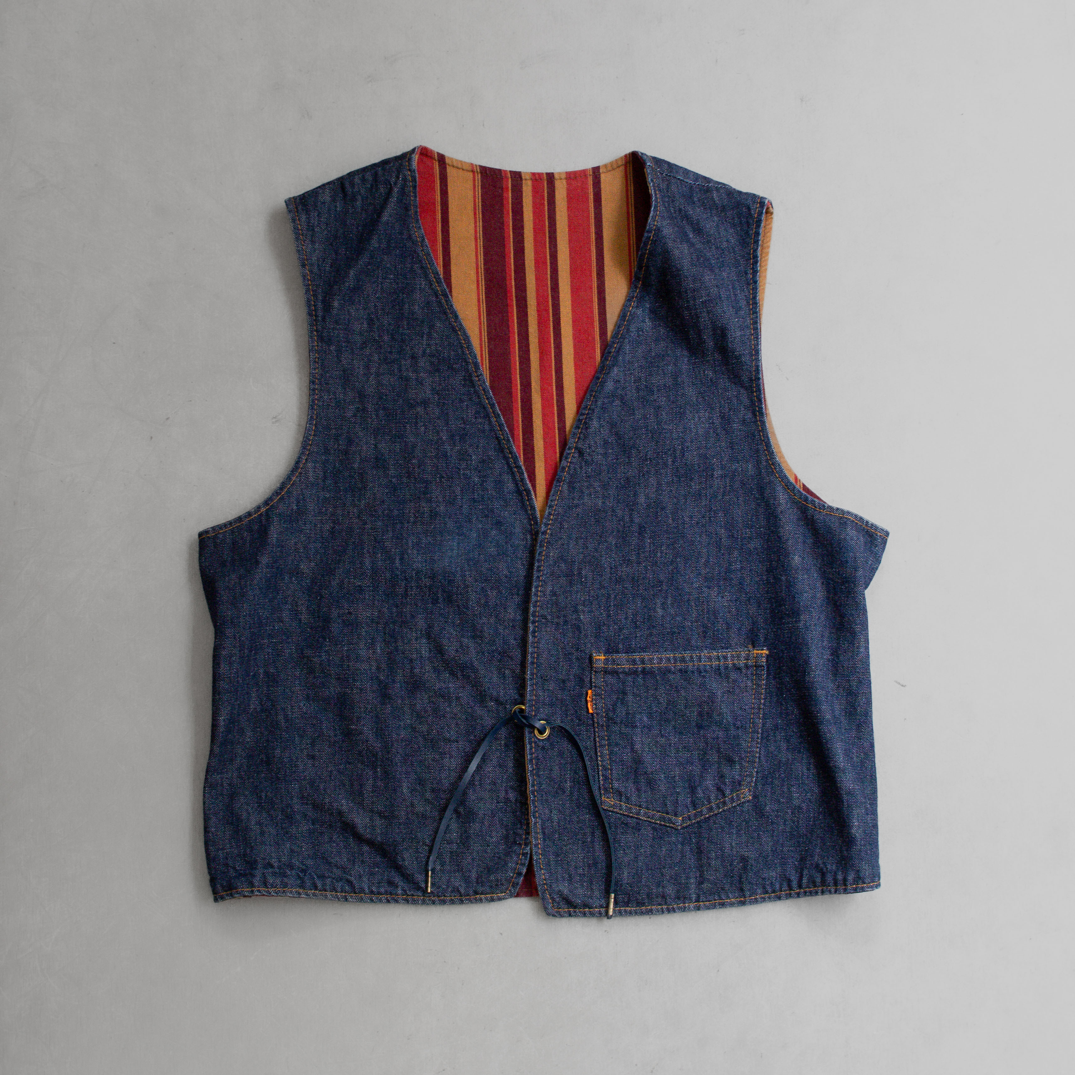 60S LEVIS REVERSIBLE DENIM VEST 美國製 橘色 條紋 原色 丹寧 雙面 背心