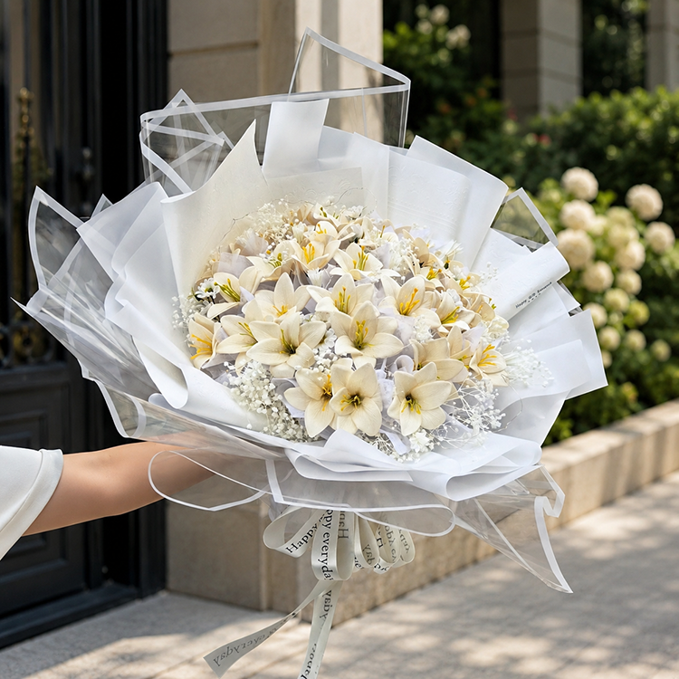 手捧著以奶白色百合香皂花與白色滿天星組成的大型花束,外層以白色霧面紙與透明包裝包裹,背景為陽光下的庭院與綠植。