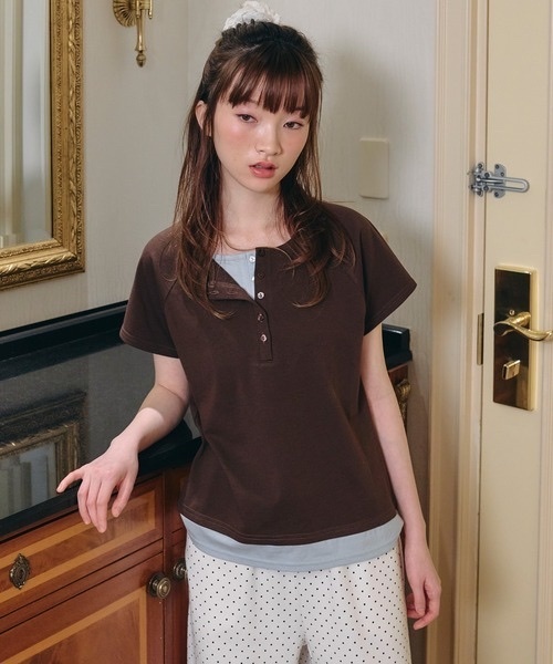 Unblend / Fake Layered Assorted Henley Neck Raglan T-Shirt