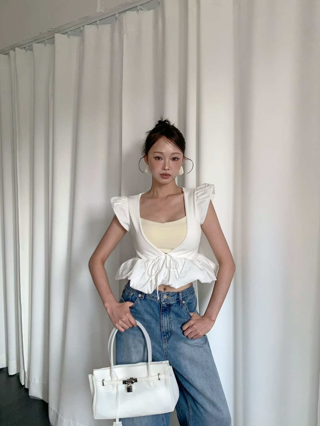 綁帶開襟V泡泡馬甲背心