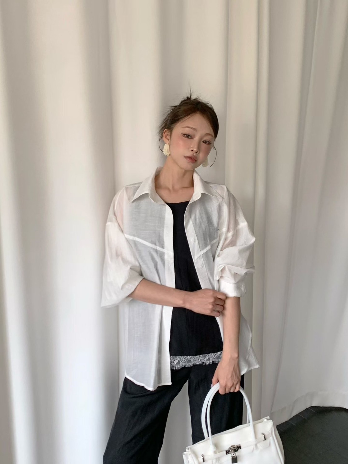 拚線休閒防曬長袖薄襯衫