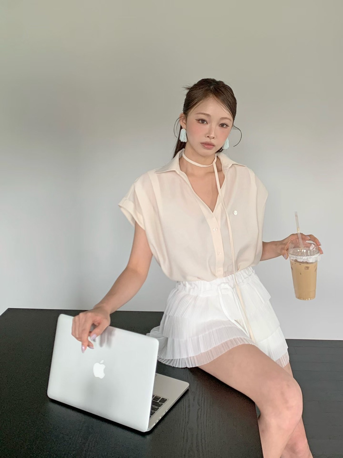 半袖長版綁帶襯衫