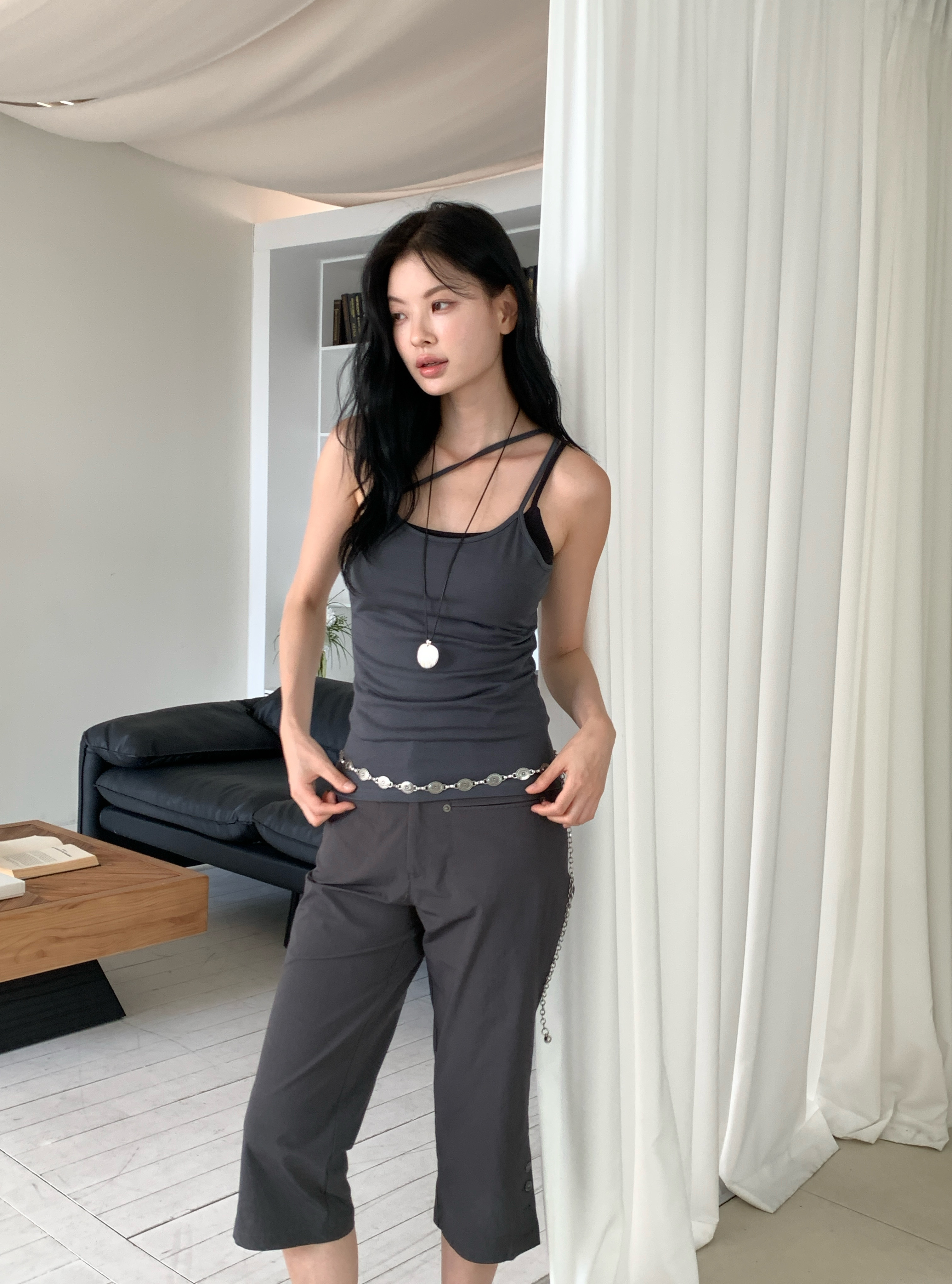 一條線舒服棉背心(淡黃/深灰)