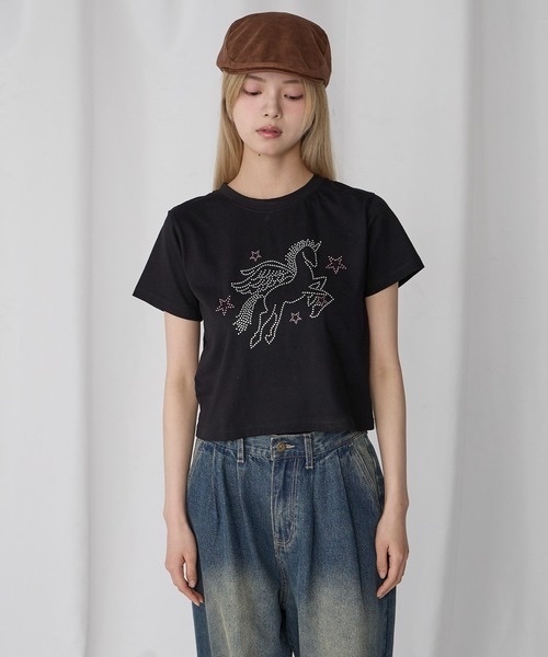 Unblend / Rhinestone Compact Short-Sleeve T-Shirt