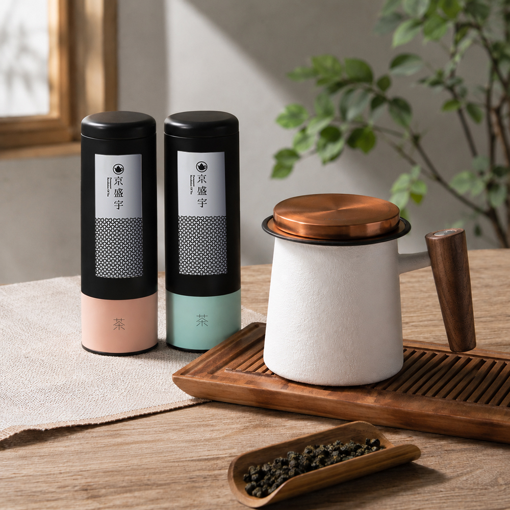 享受好茶入門組｜清香梨山烏龍100g＆梨山紅茶50g ＋ 人文濾茶杯(鈦金)