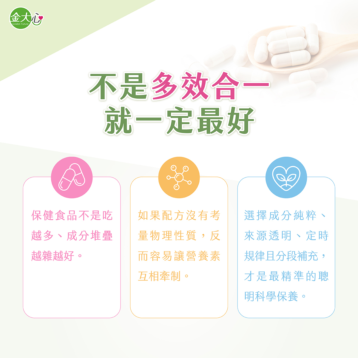 保健食品不是多效合一就一定最好，建議依成分特性分時段補充