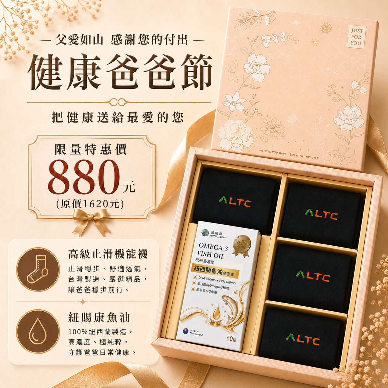 【父親節限定】健康爸爸節禮盒｜紐賜康85%高濃度rTG魚油60粒＋ALTC男款止滑機能襪4雙