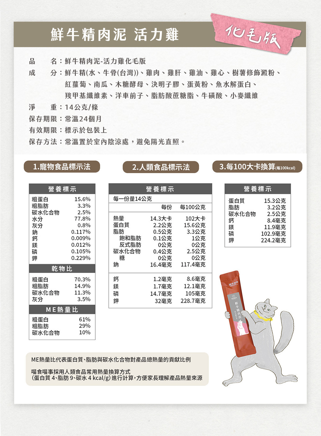 喵食喵事鮮牛精肉泥化毛版營養標示熟齡貓肉泥