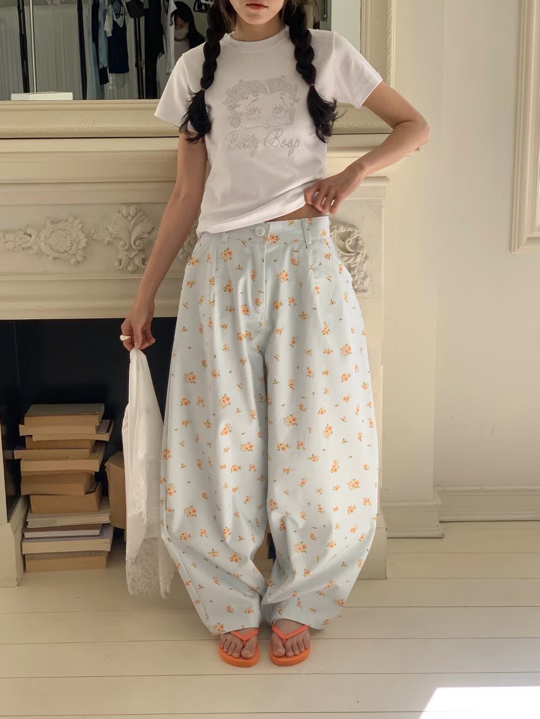 鄉村小花彎刀寬褲