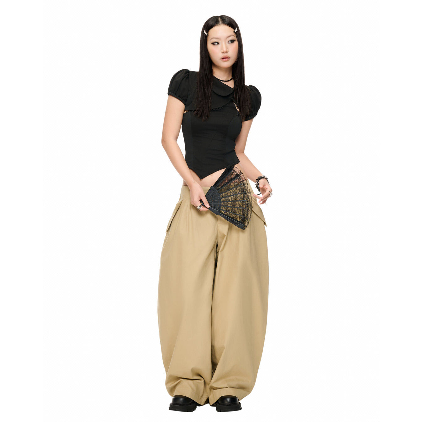 越南 IUE STUDIO Croissant Baggy Pants 可頌褲 條紋 闊腿 長褲 卡其