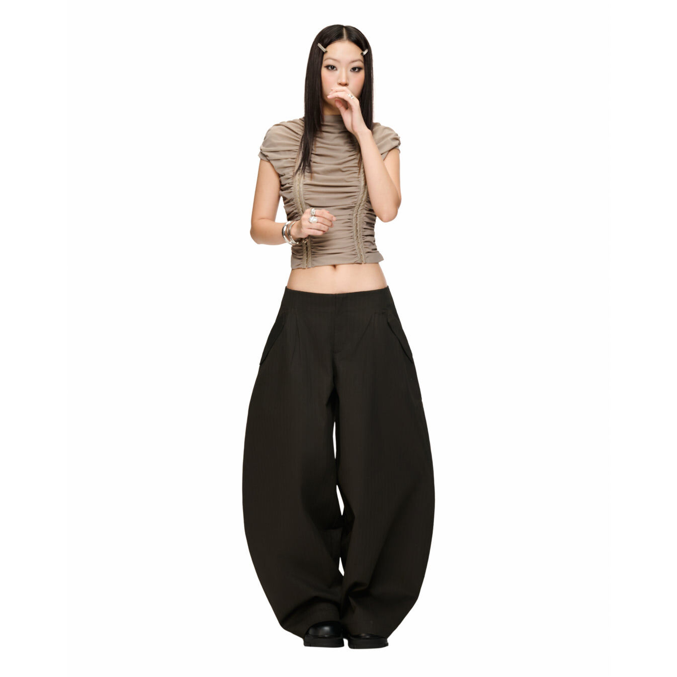 越南 IUE STUDIO Croissant Baggy Pants 可頌褲 條紋 闊腿 長褲 黑