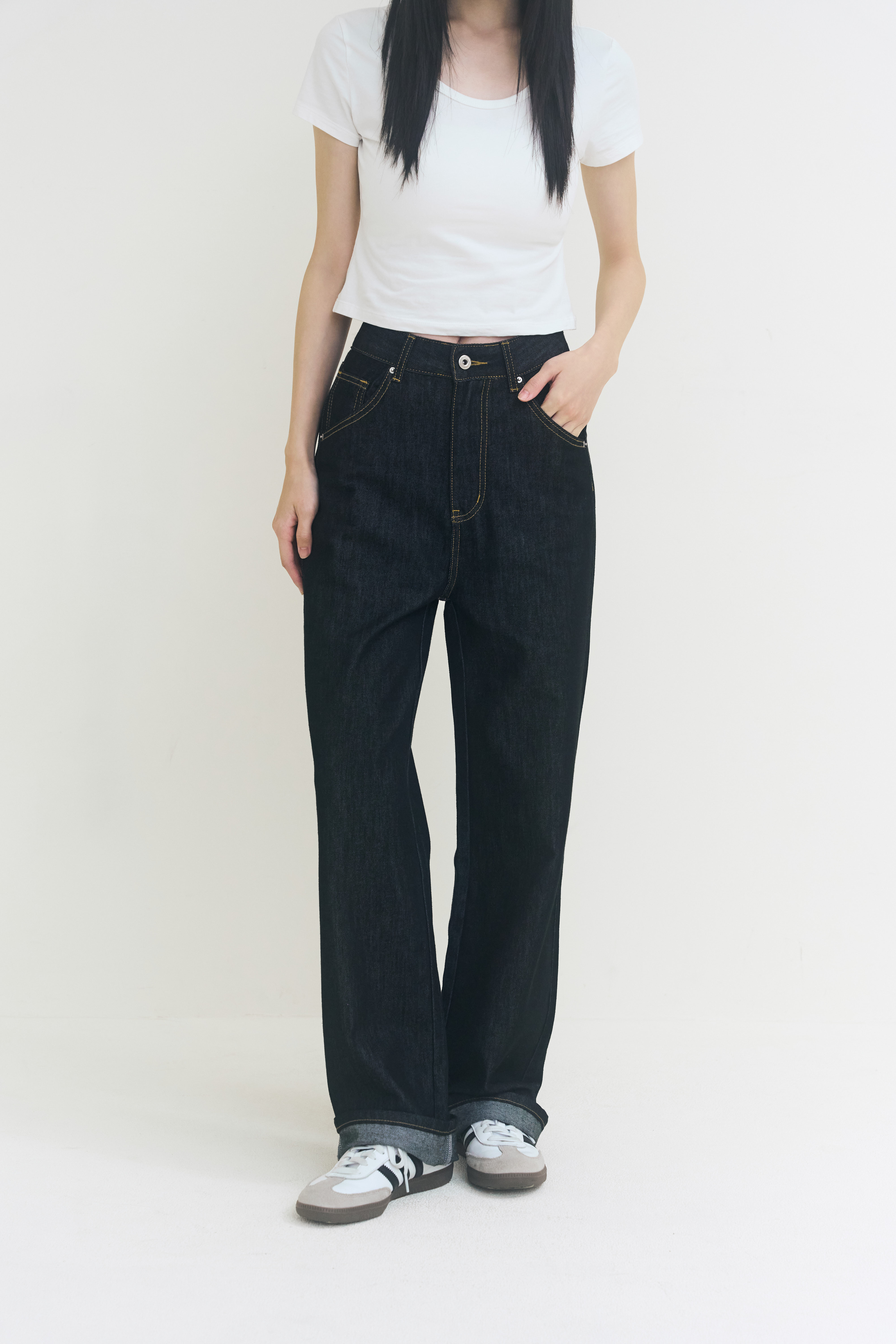 Tencel Denim長腿直筒天絲牛仔報恩褲-黑藍
