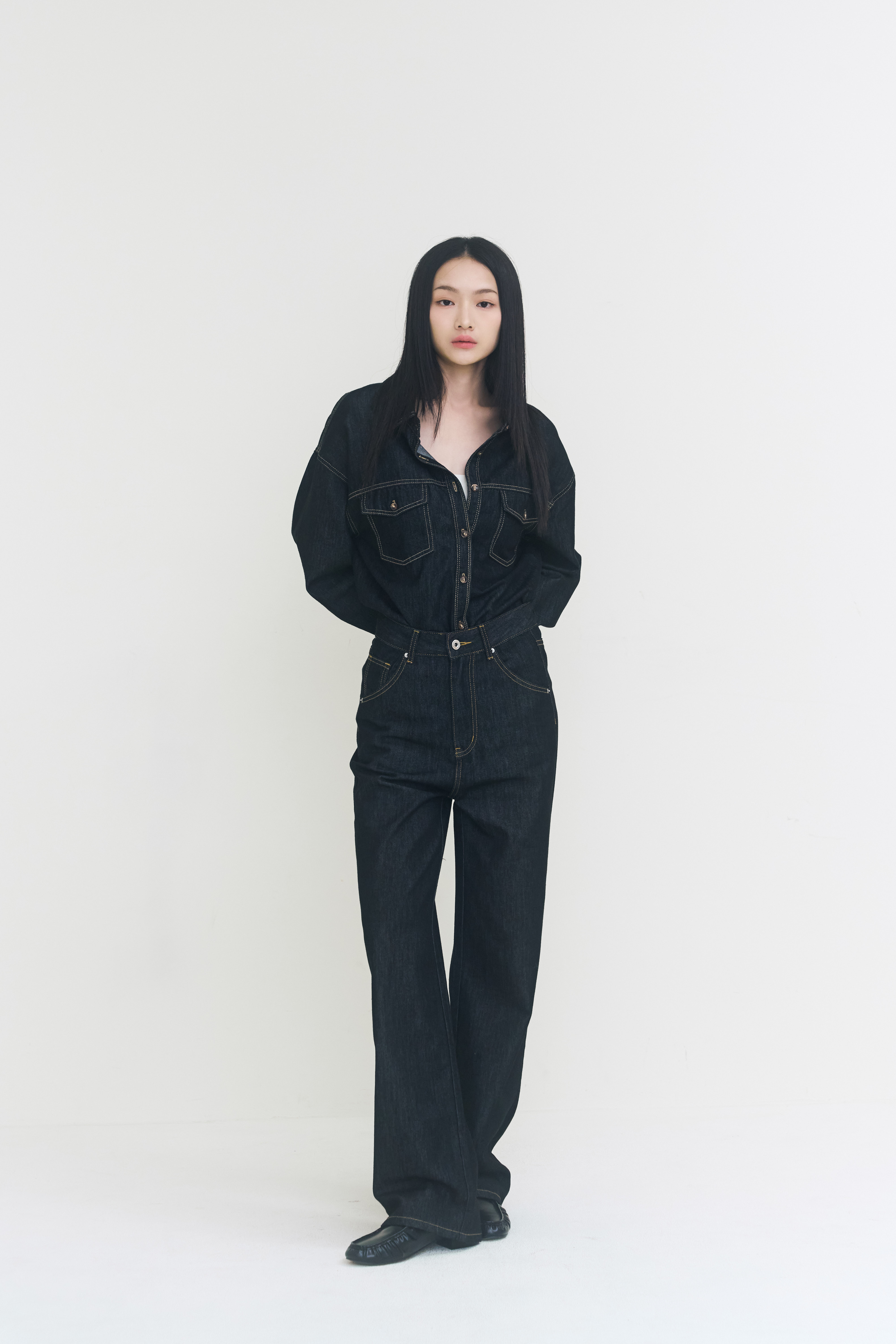 Tencel Denim長腿直筒天絲牛仔報恩褲-黑藍