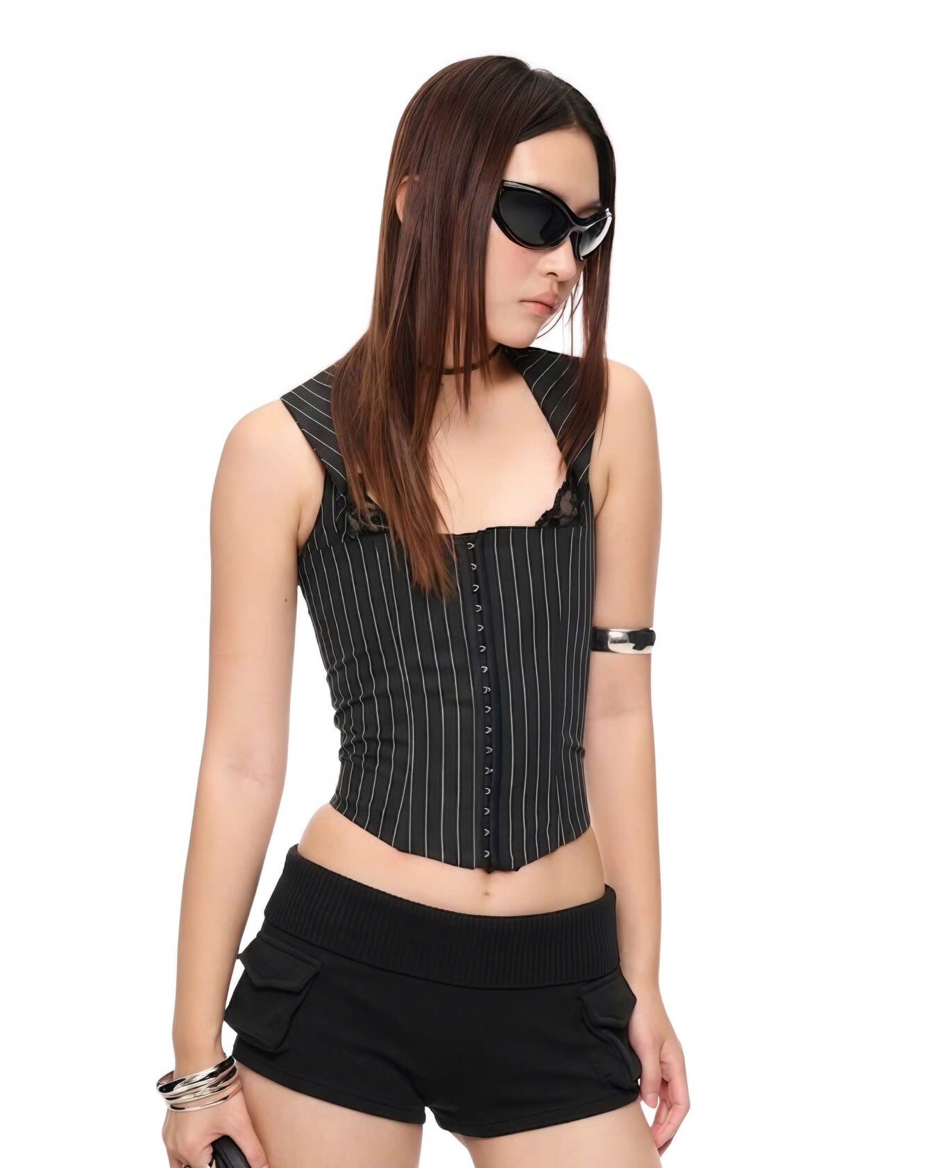 越南 IUE STUDIO Metanorie Corset 條紋 繞頸 無袖 馬甲 背心 黑
