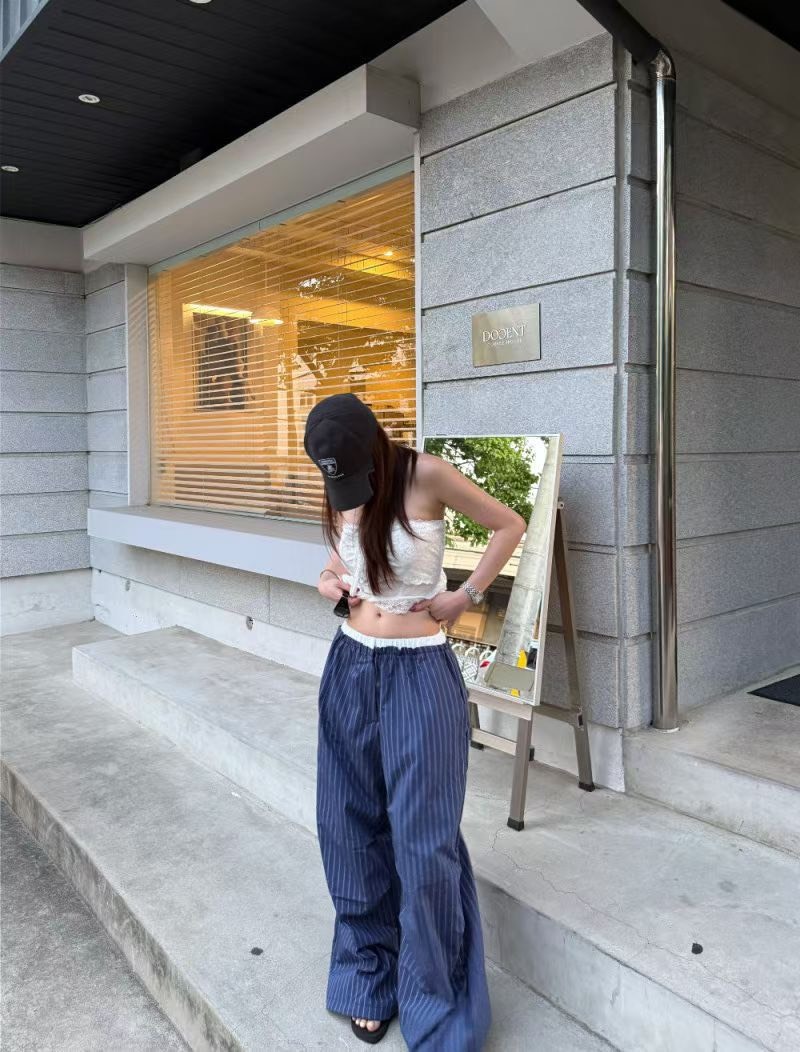 白邊鬆緊直線休閒褲